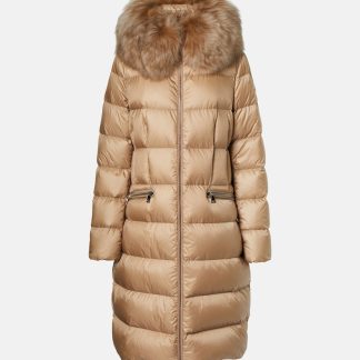 cheap luxury Moncler Boedic shearling-trimmed down coat in grey