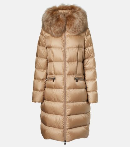 cheap luxury Moncler Boedic shearling-trimmed down coat in grey