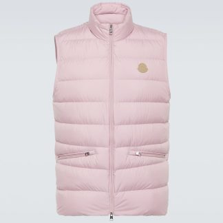 fake luxury Moncler Lechtal down-paneled leather-trimmed vest in pink