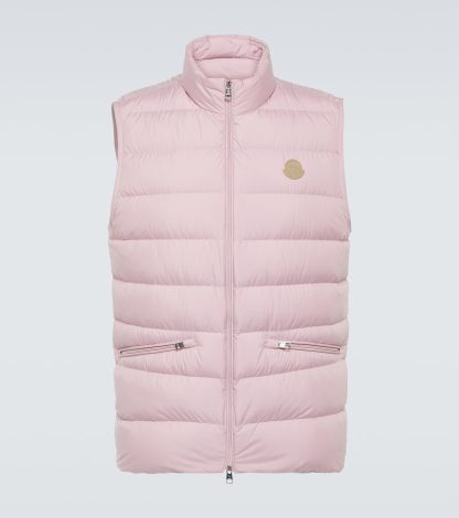 fake luxury Moncler Lechtal down-paneled leather-trimmed vest in pink