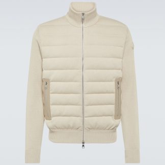 hot sale designer Moncler Leather-trimmed cotton cardigan in beige