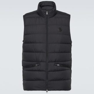 hot sale luxury Moncler Lechtal down-paneled leather-trimmed vest in black