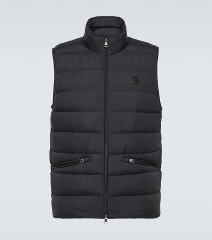 hot sale luxury Moncler Lechtal down-paneled leather-trimmed vest in black