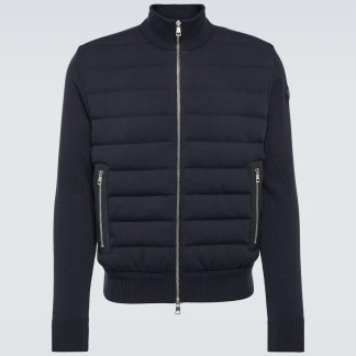 replica luxury Moncler Leather-trimmed cotton cardigan in blue