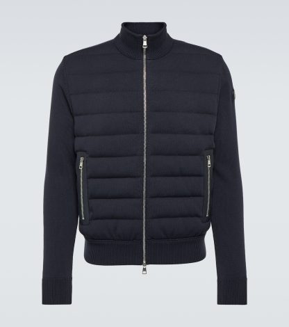 replica luxury Moncler Leather-trimmed cotton cardigan in blue